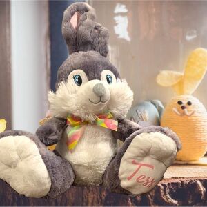 Gray and Cream Plush Bunny with Colorful Bow, personalized